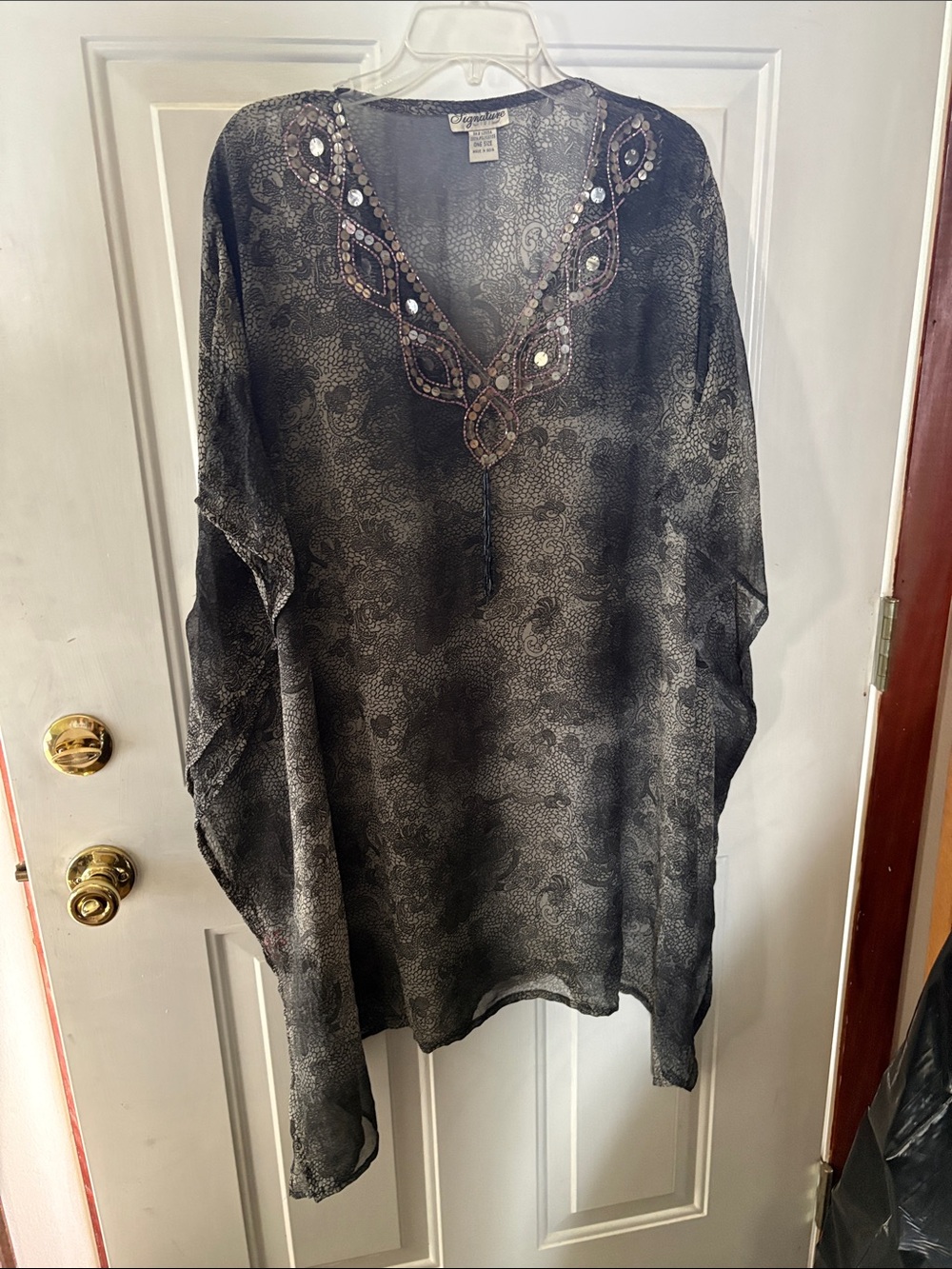 Signature Black Paisley Sequin-Trim V-Neck Tunic